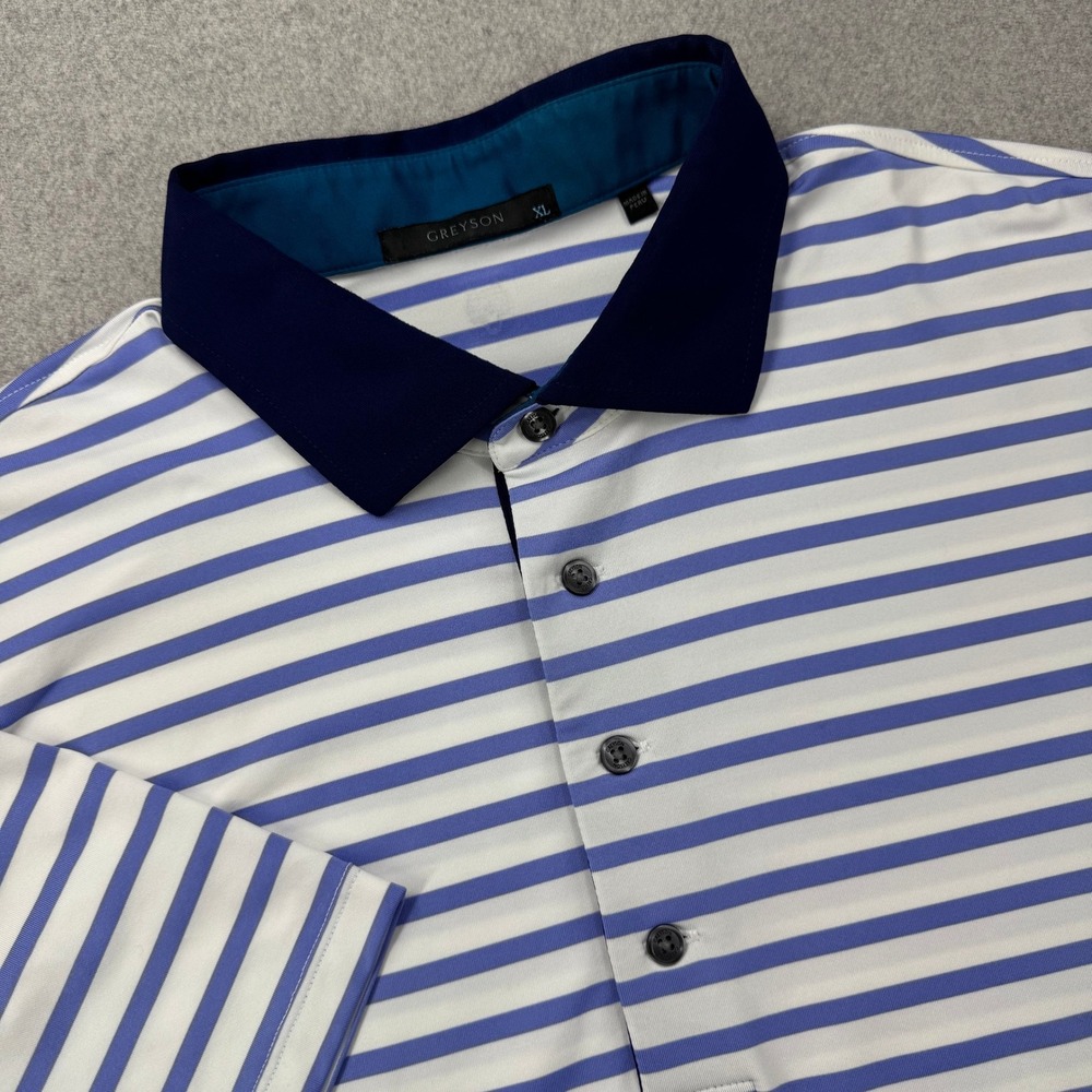 Greyson‎ Polo Shirt Mens XL Blue Striped Performance Golf Sleeve Embroidery